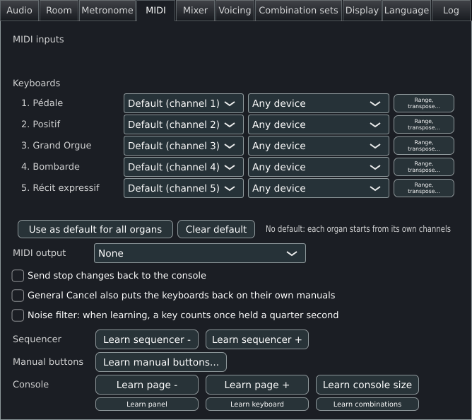 The MIDI tab of General settings