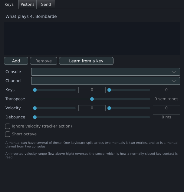 The Keys tab of a manual’s MIDI dialog