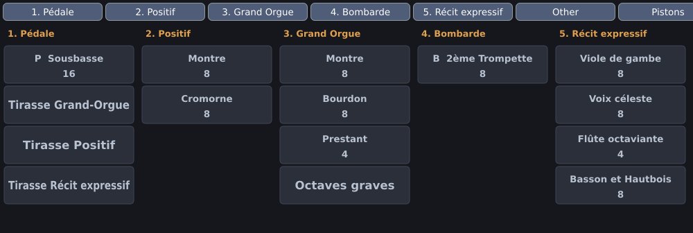 Panel of the whole organ, stops grouped by division