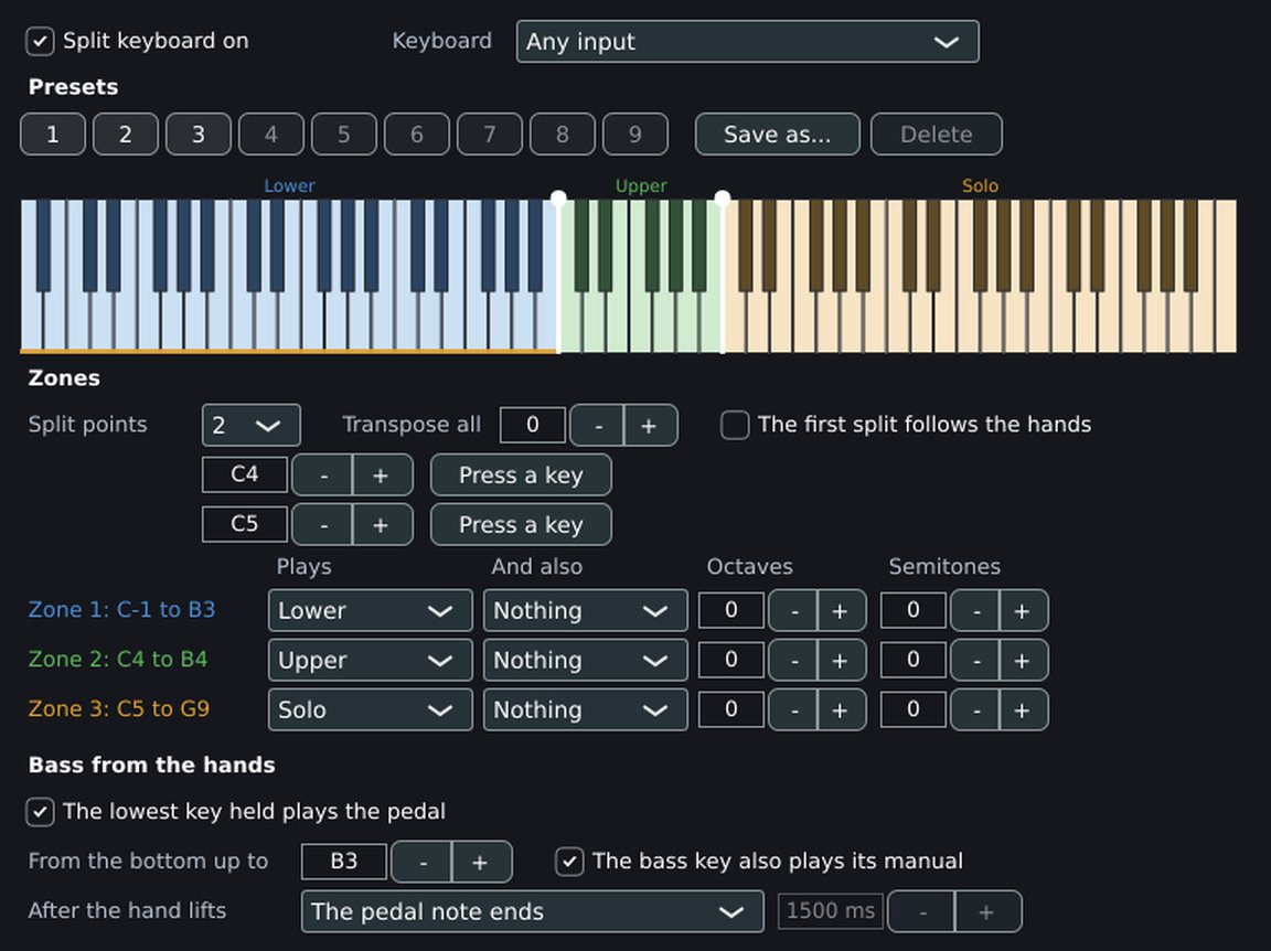 The split keyboard window: three zones over one keyboard and bass from the hands