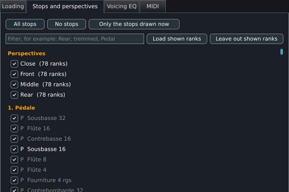 Organ settings, Stops and perspectives tab